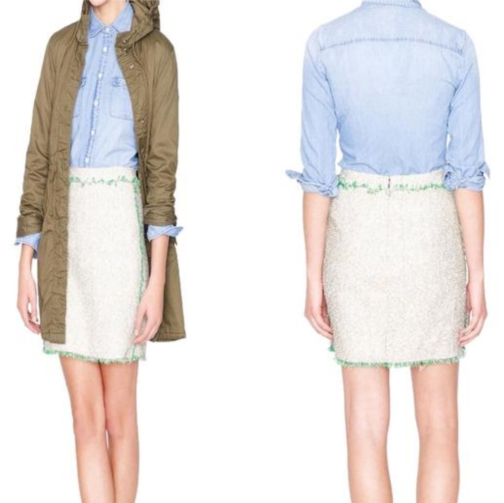 J Crew Ivory Green Gimmer Tweed Mini Skirt
